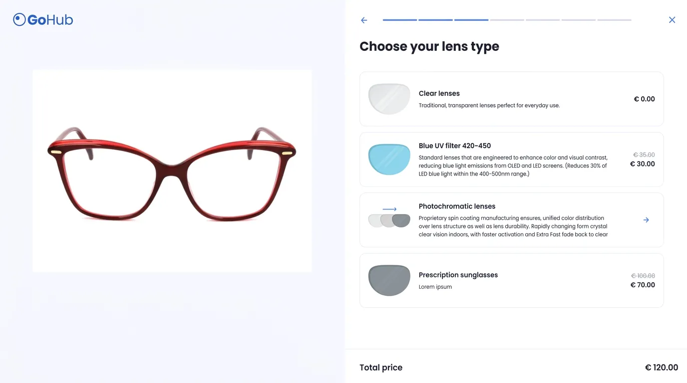 GoHub optical plug-in interface showing AI-guided prescription eyewear checkout