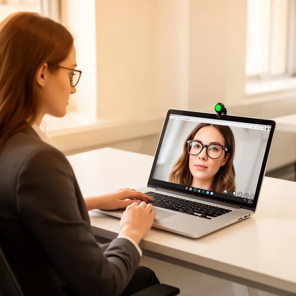 Virtual try-on experience: woman trying glasses via webcam on laptop